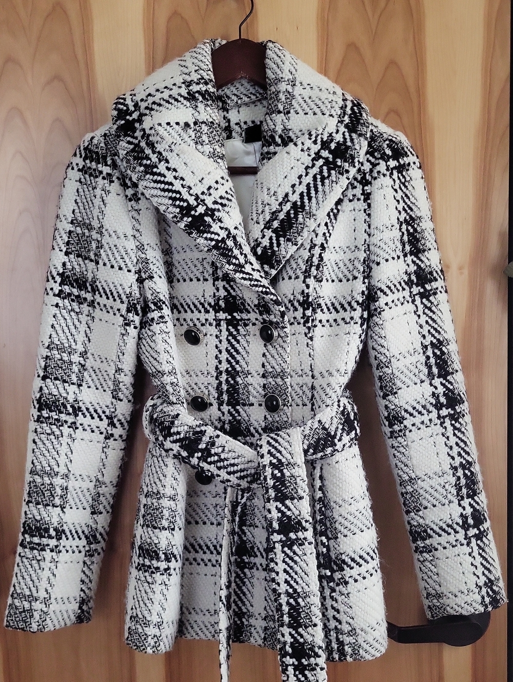 White House Black Market Black & White Plaid Double-Breasted Belted Pea Coat